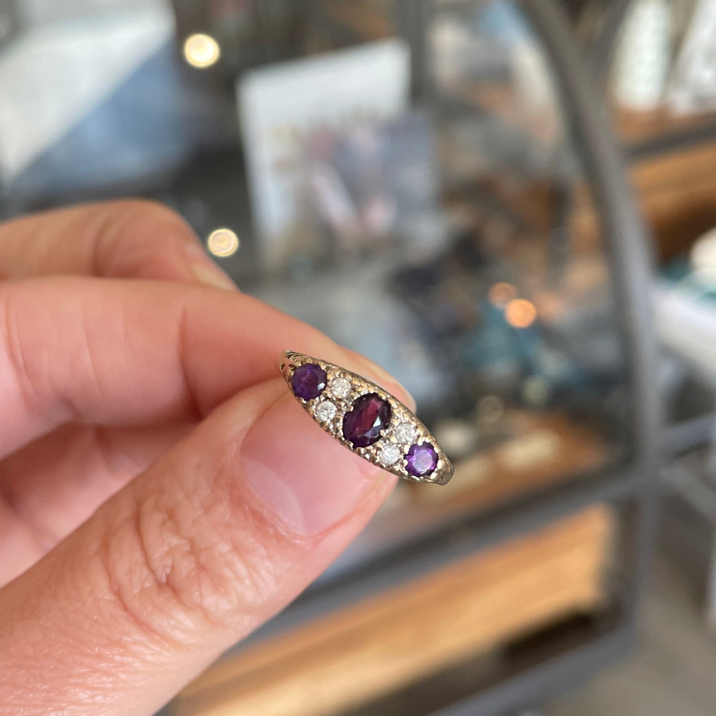 Antique style amethyst and diamond ring set.