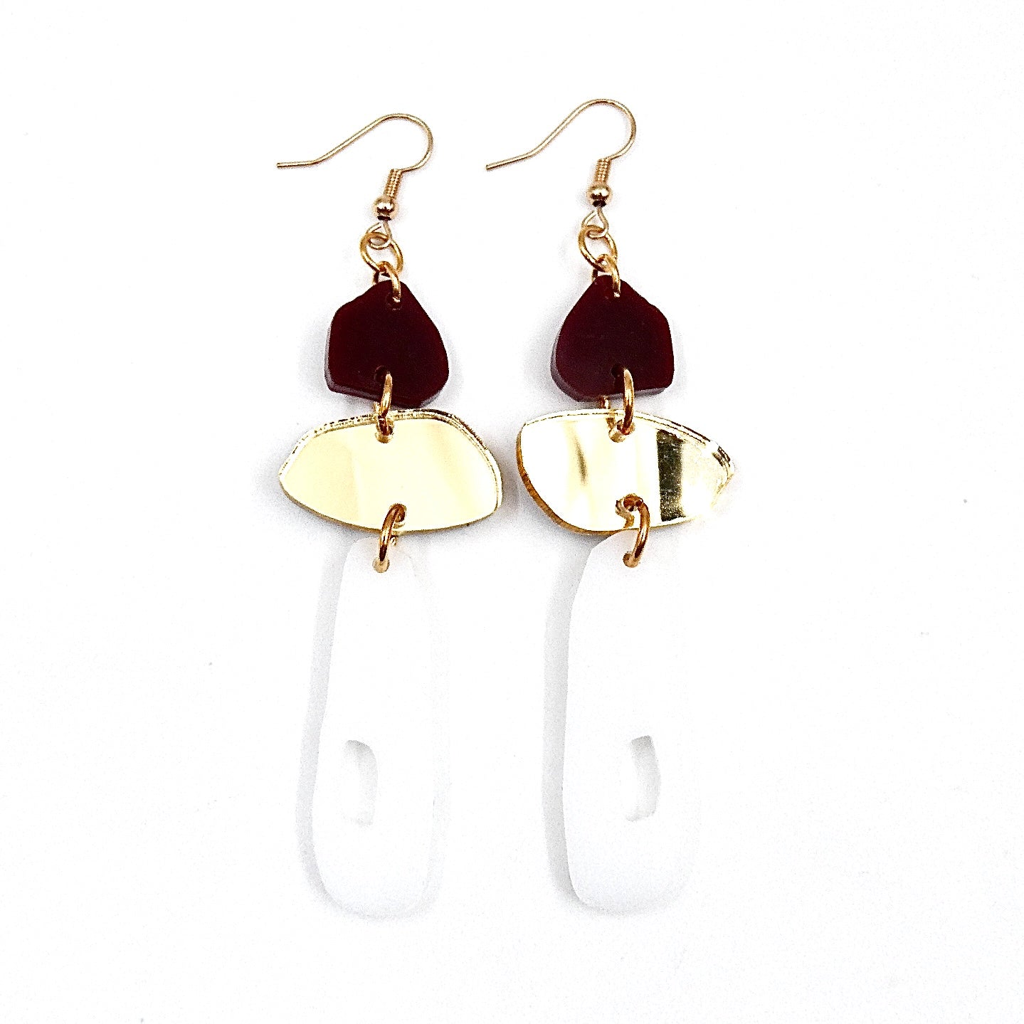Long drop earrings burgandy white and gold