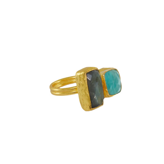 Nerissa ring with Labradorite and Aqua Chalcedony