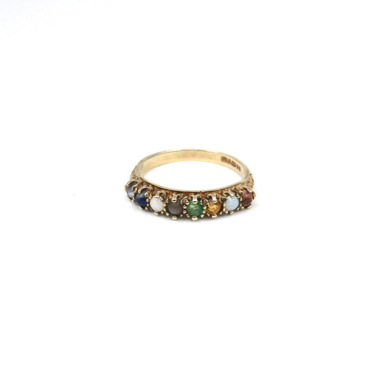 A Preowned gemstone 9kt gold ring set with emerald, opals, lapis , citrine and agate