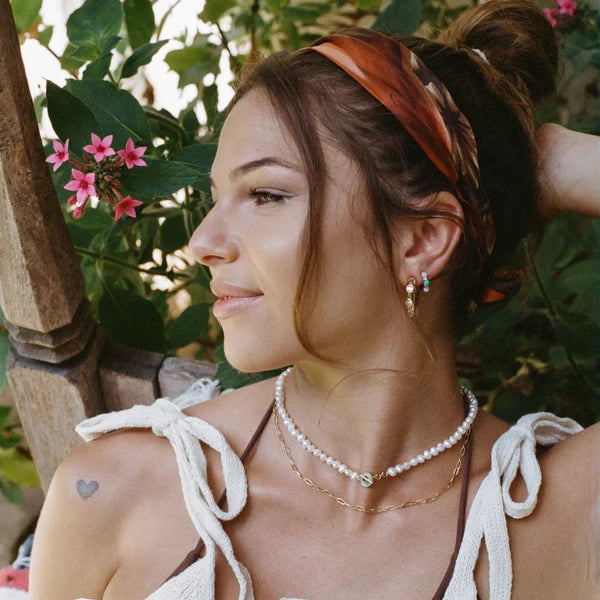 Tropez Pearl Necklace with an embellished enamel T bar clasp