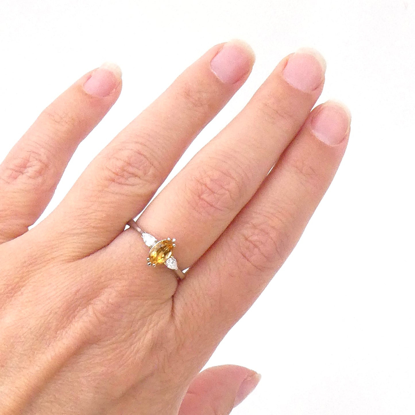 Marquise citrine ring with pear shaped lab diamonds in Palladium