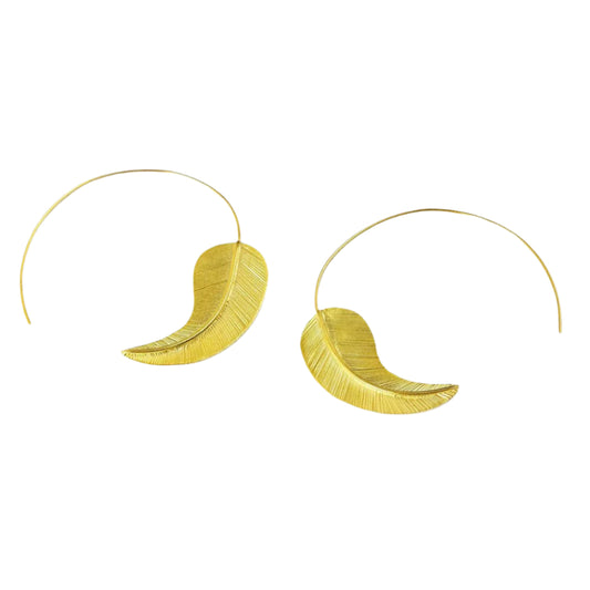 Feather gold Pull through Hoop Earrings