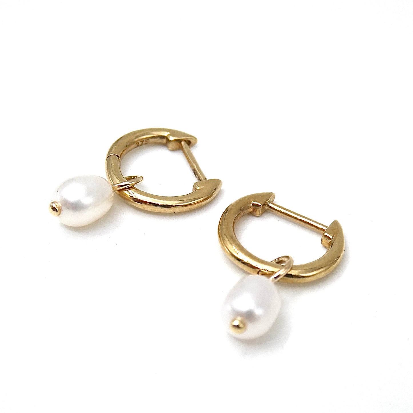 9kt gold huggies with pearl drop charms, new contemporary earrings
