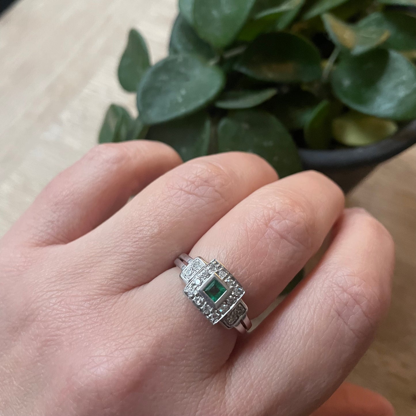Art deco style Emerald and Diamond white gold ring, geometric style.