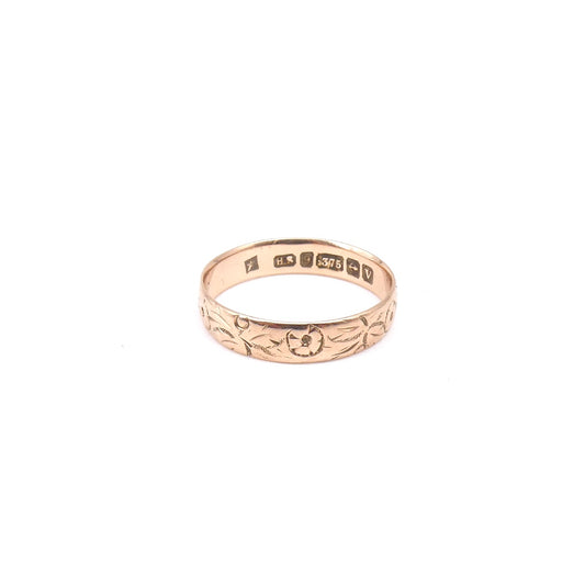 Antique engraved rose gold band encircled with a floral motif, 9kt gold.