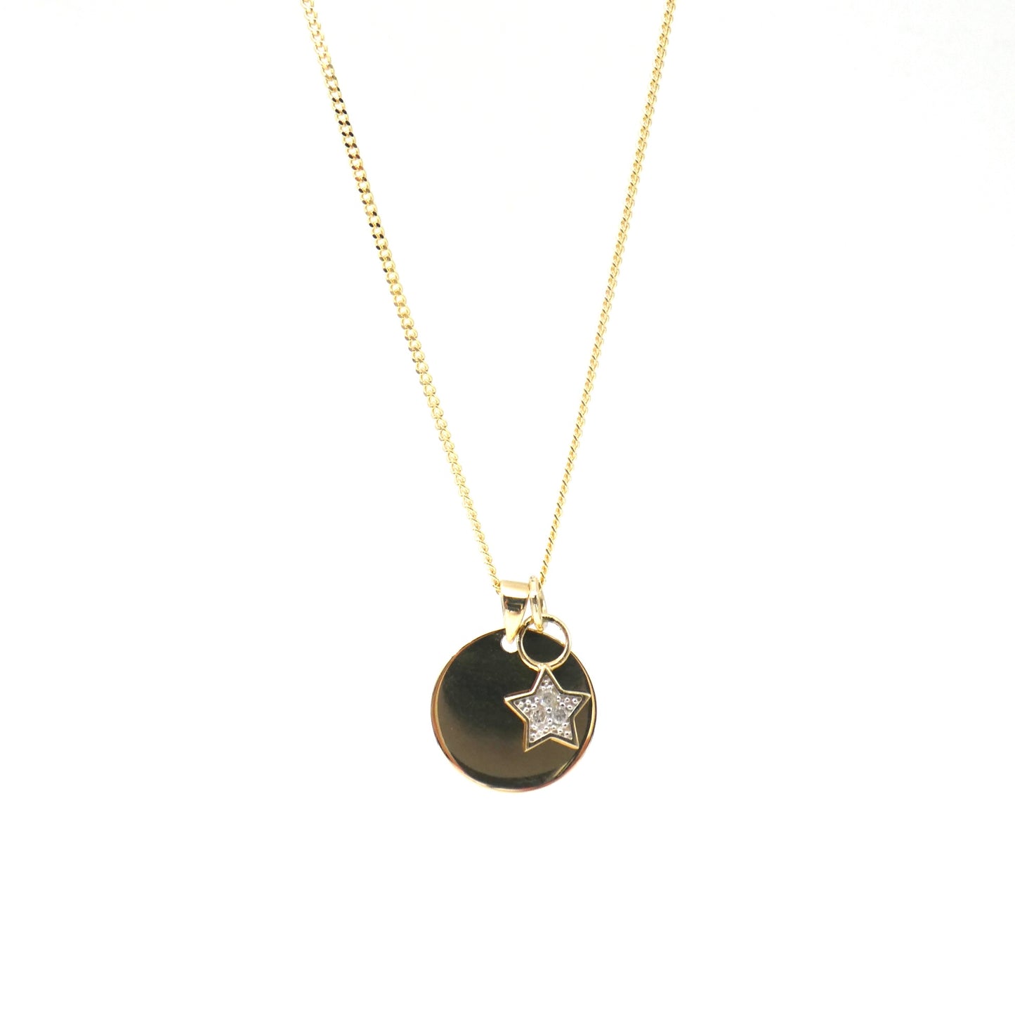 A Gold Disc Pendant with a 9kt gold and diamond star charm, diamond is the April Birthstone.