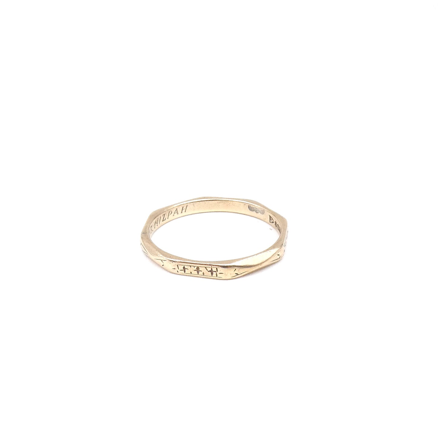 Vintage octagon ring, 9kt gold with etched patterning on four faces.
