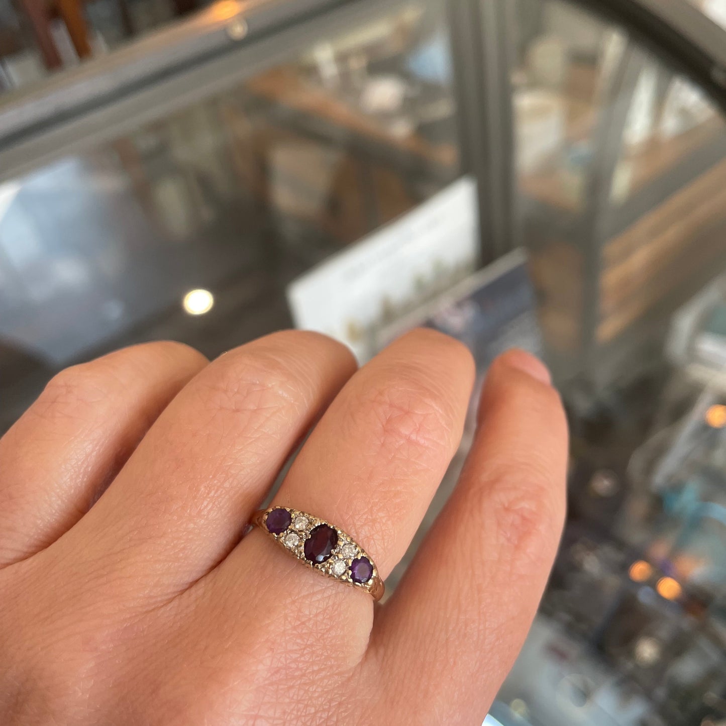 Antique style amethyst and diamond ring set.