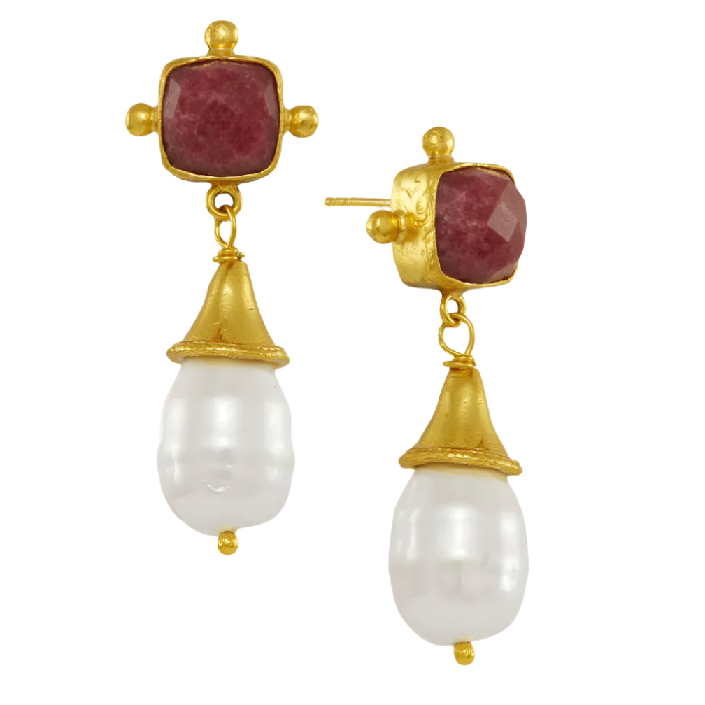 Esmeray Ruby and Pearl drop stud earrings