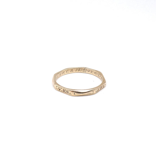 Vintage octagon ring, 9kt gold with etched patterning on four faces.
