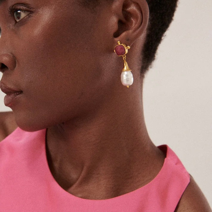 Esmeray Ruby and Pearl drop stud earrings