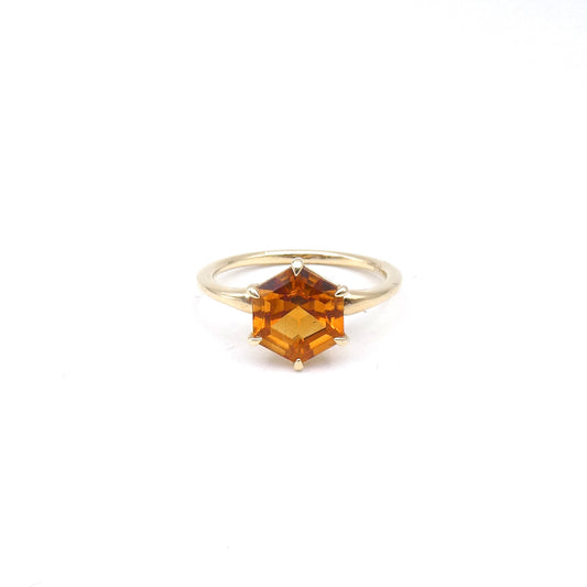 Hexagon Citrine ring on a 9kt gold setting.