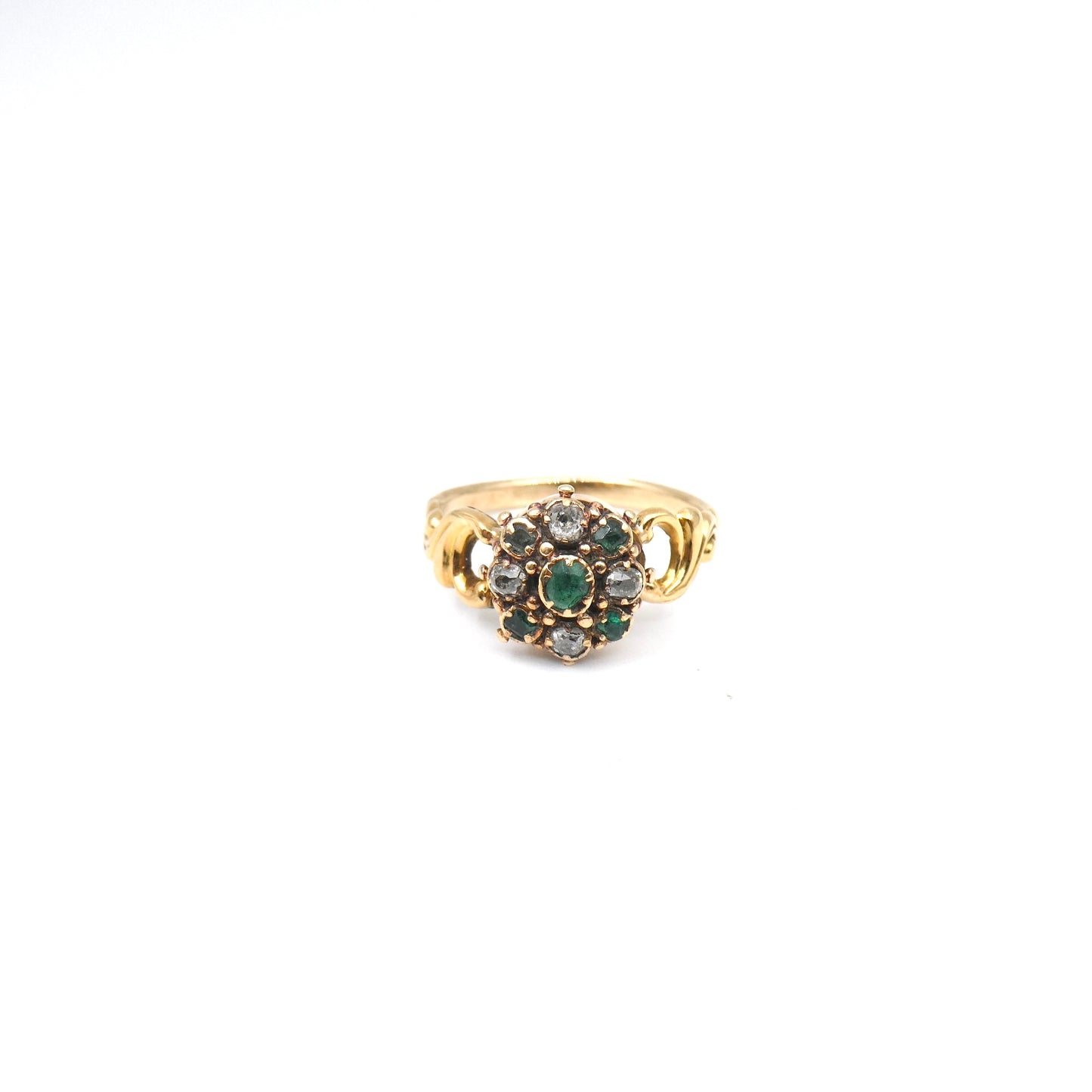 Antique emerald diamond ring with ornate shoulders, beautiful ornate ring.