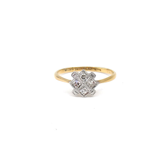 Art deco mini diamond ring, small geometric diamond ring set with diamonds in 18ct and platinum.