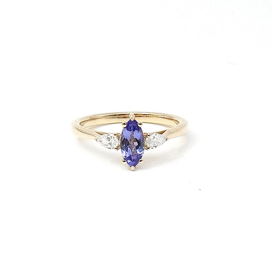 New Tanzanite Marquise ring, set with two pear shaped Lab Diamonds, 9kt gold.