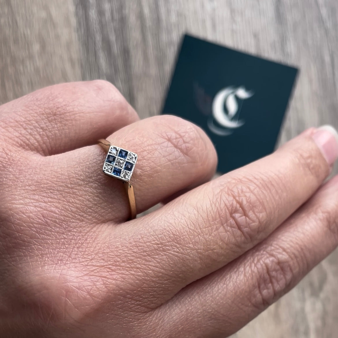 Antique chequerboard ring, with sapphires and diamonds 18kt gold and Platinum.