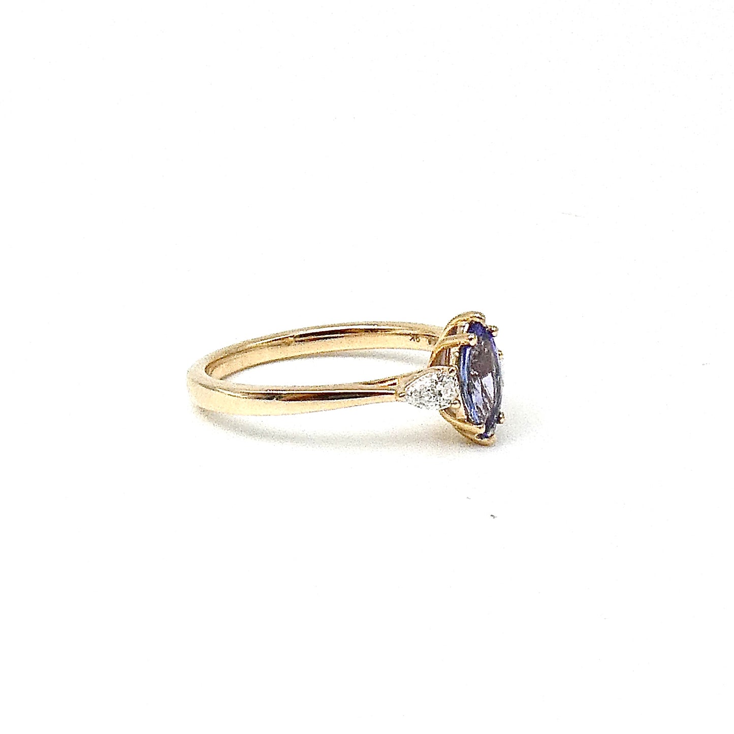 New Tanzanite Marquise ring, set with two pear shaped Lab Diamonds, 9kt gold.