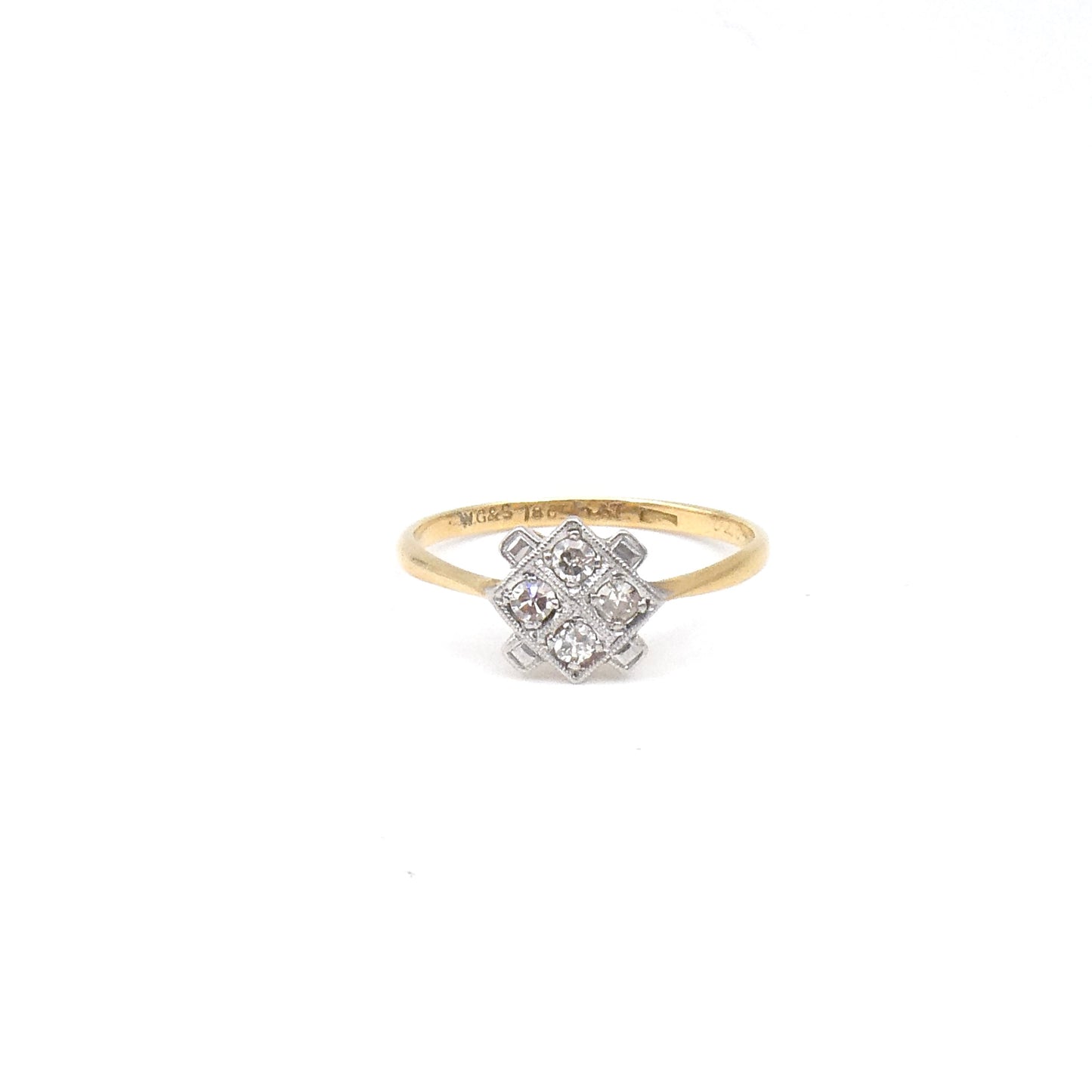 Art deco mini diamond ring, small geometric diamond ring set with diamonds in 18ct and platinum.