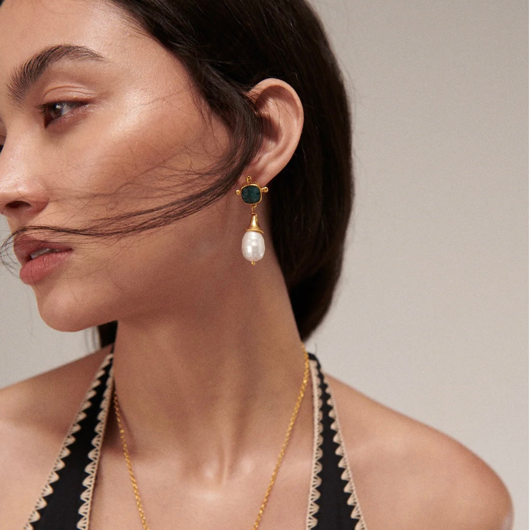 Esmeray Emerald and Pearl drop stud earrings
