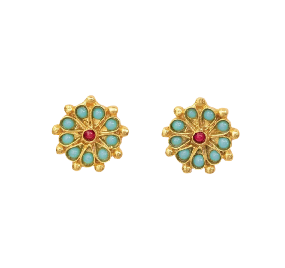 Marigold turquoise and red agate beaded stud earrings
