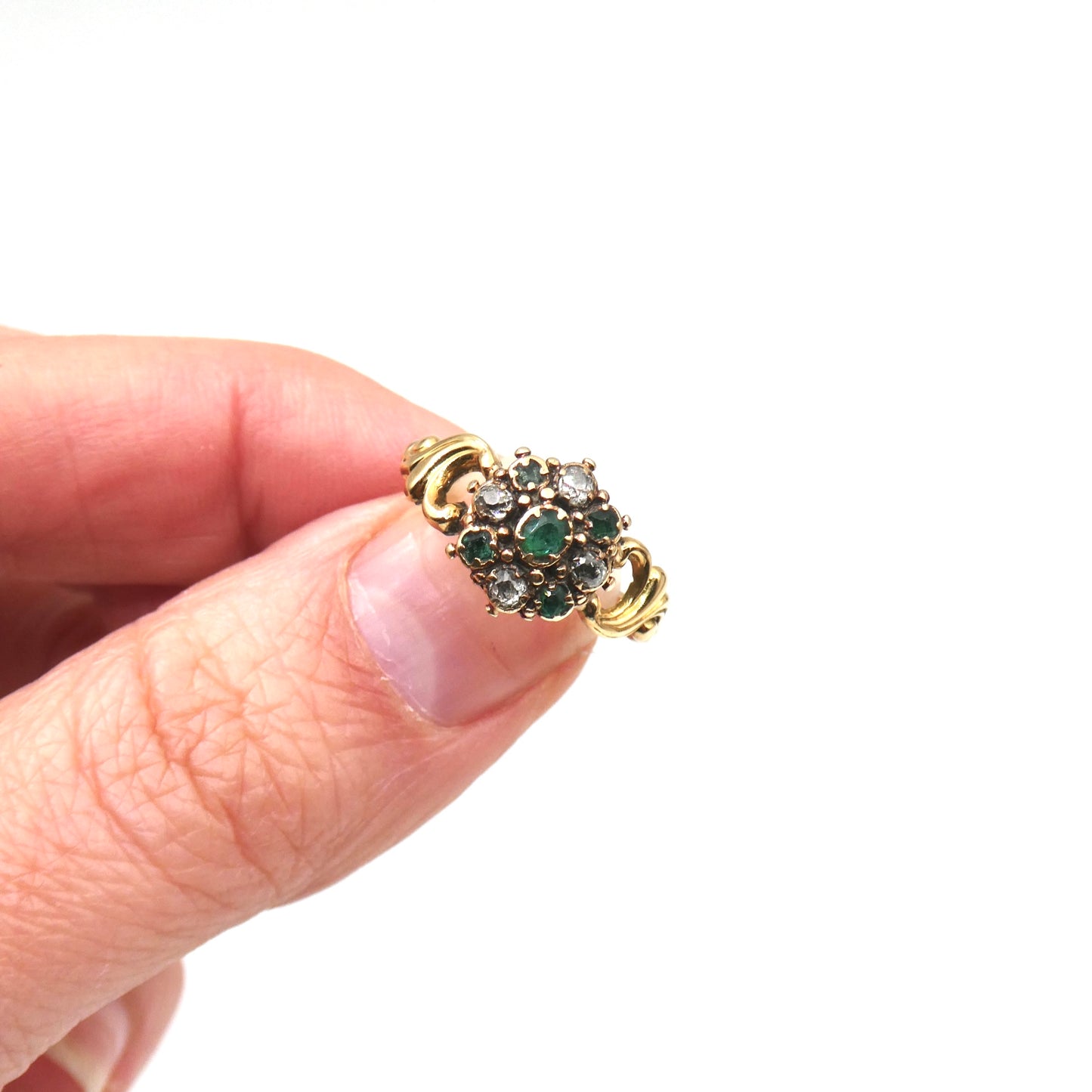 Antique emerald diamond ring with ornate shoulders, beautiful ornate ring.