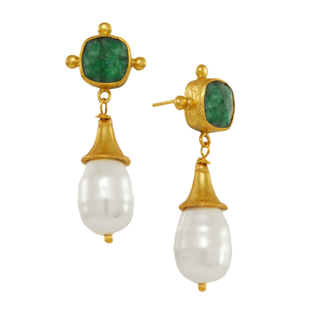 Esmeray Emerald and Pearl drop stud earrings