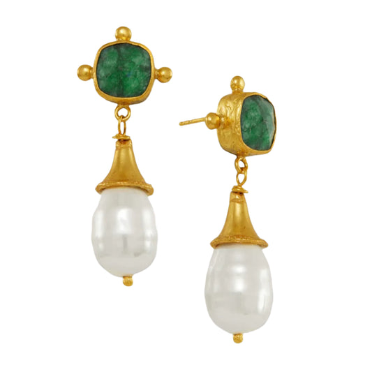 Esmeray Emerald and Pearl drop stud earrings