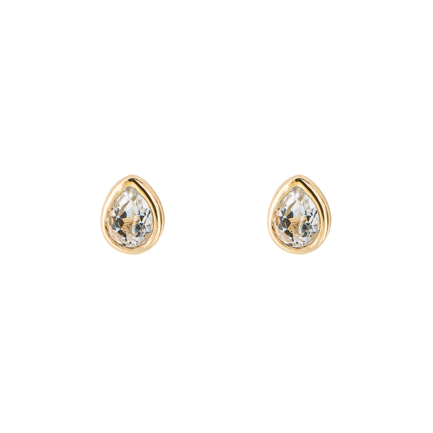 Small pear studs with a white topaz, gold plated on sterling silver.