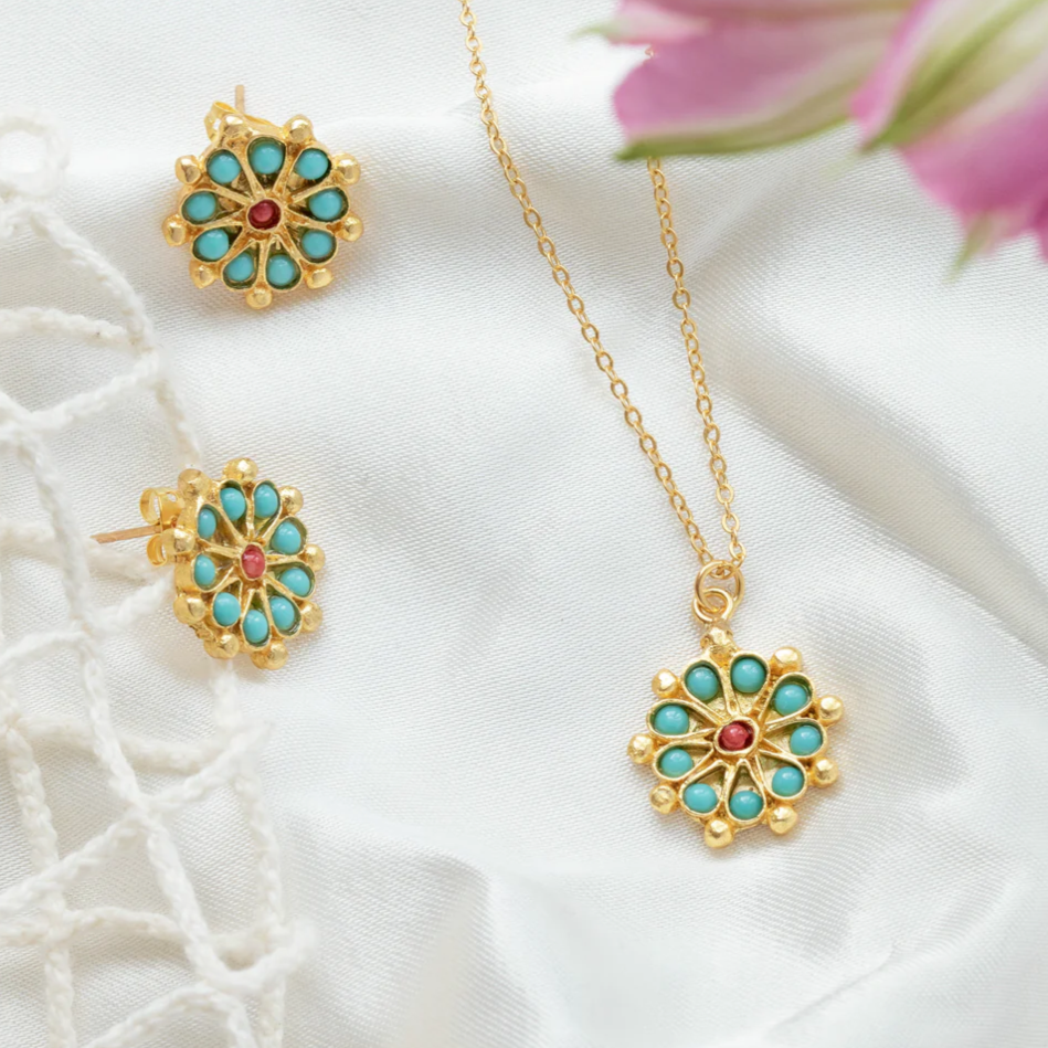 Marigold turquoise and red agate beaded stud earrings