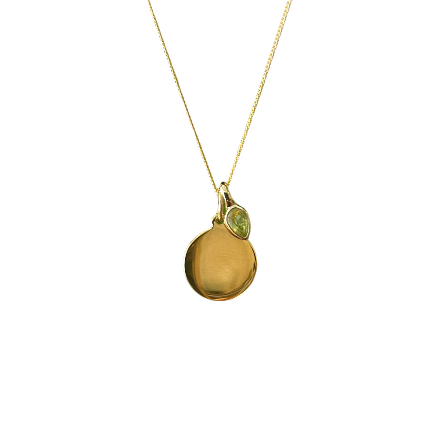 Gold Disc pendant with a peridot charm for an August Birthday.