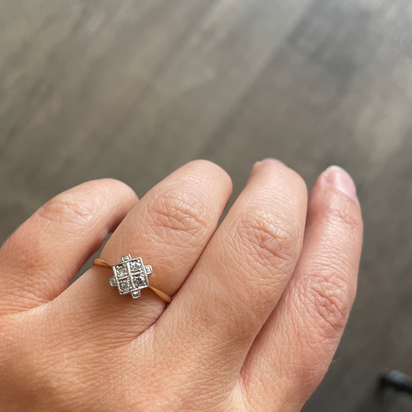 Art deco mini diamond ring, small geometric diamond ring set with diamonds in 18ct and platinum.