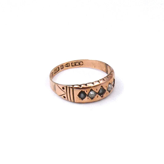 Antique rose gold ornate band set with pearls, a pearl gypsy ring hallmarked 1885. - Collected