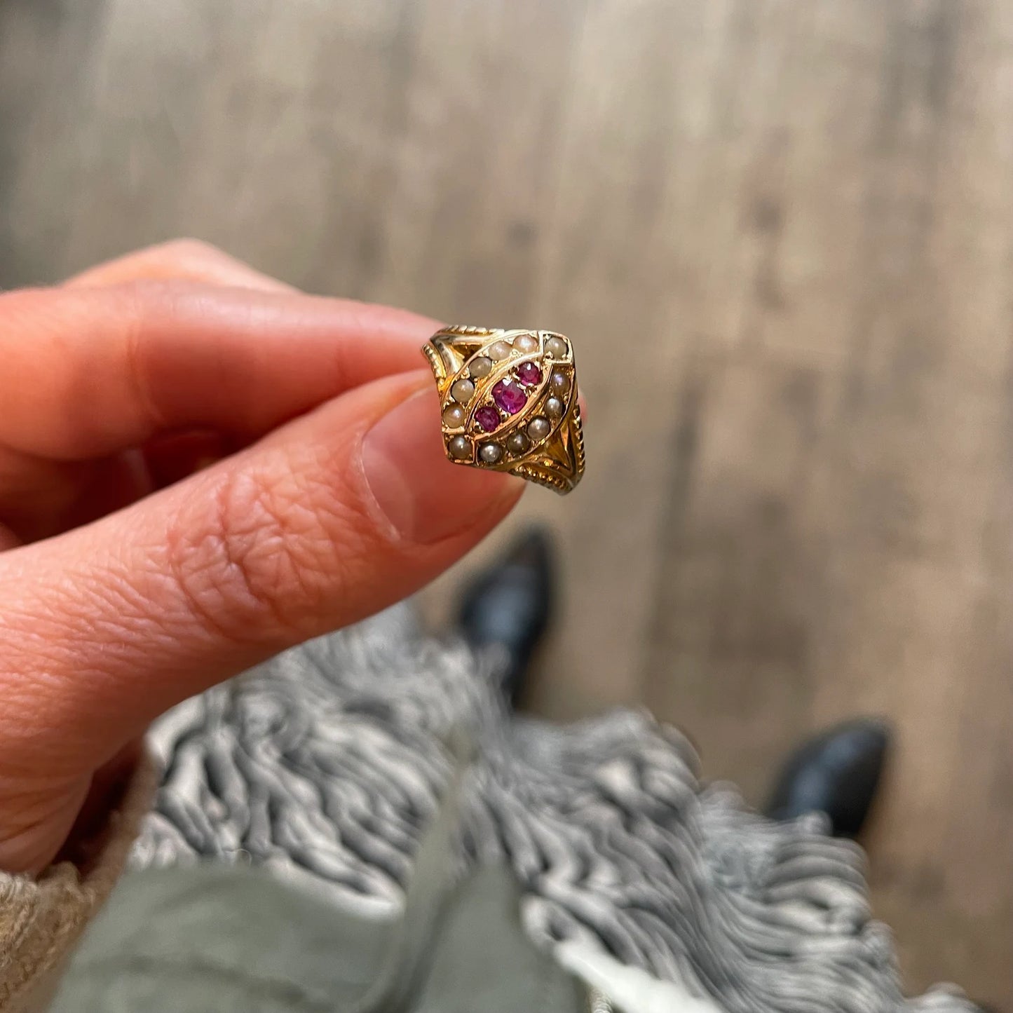 Antique ruby and pearl ring, a navette ring hallmarked 15kt gold