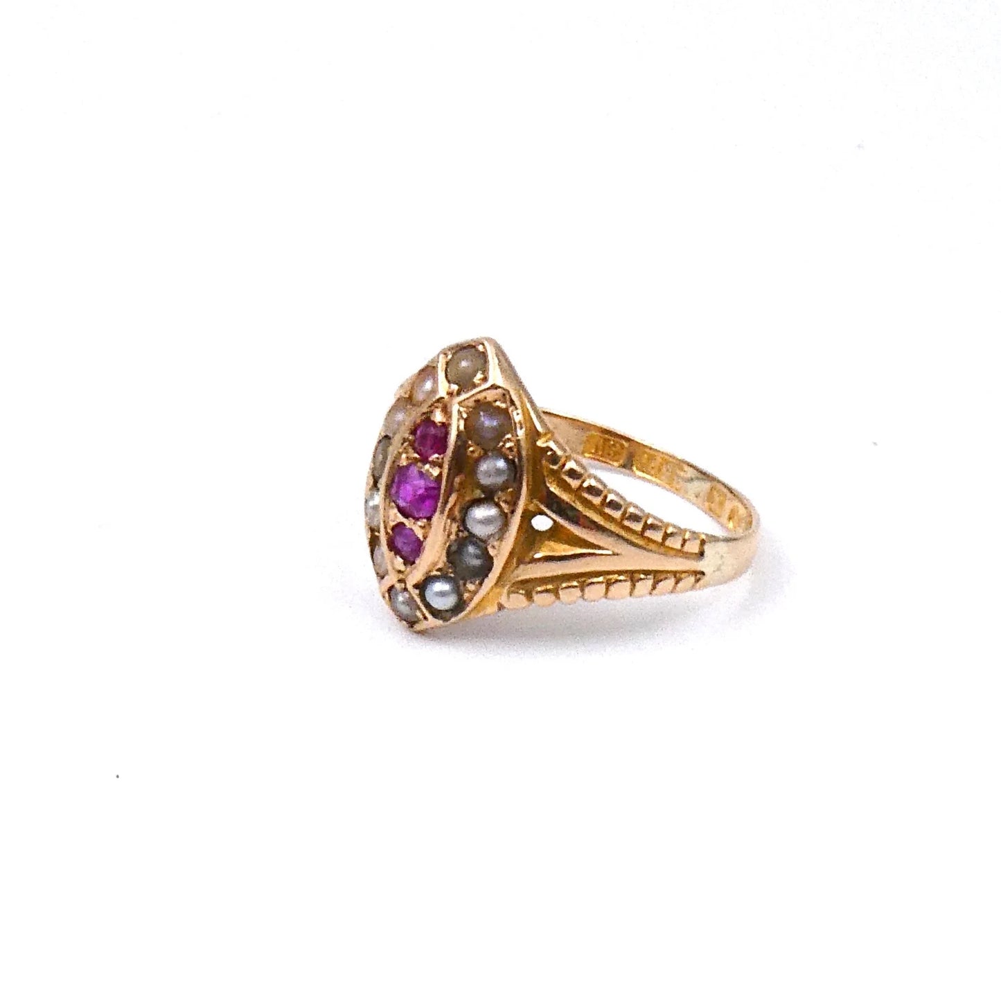 Antique ruby and pearl ring, a navette ring hallmarked 15kt gold