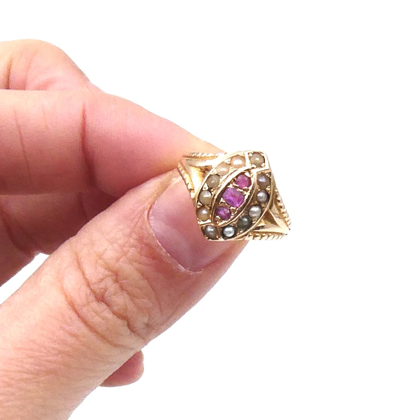 Antique ruby and pearl ring, a navette ring hallmarked 15kt gold
