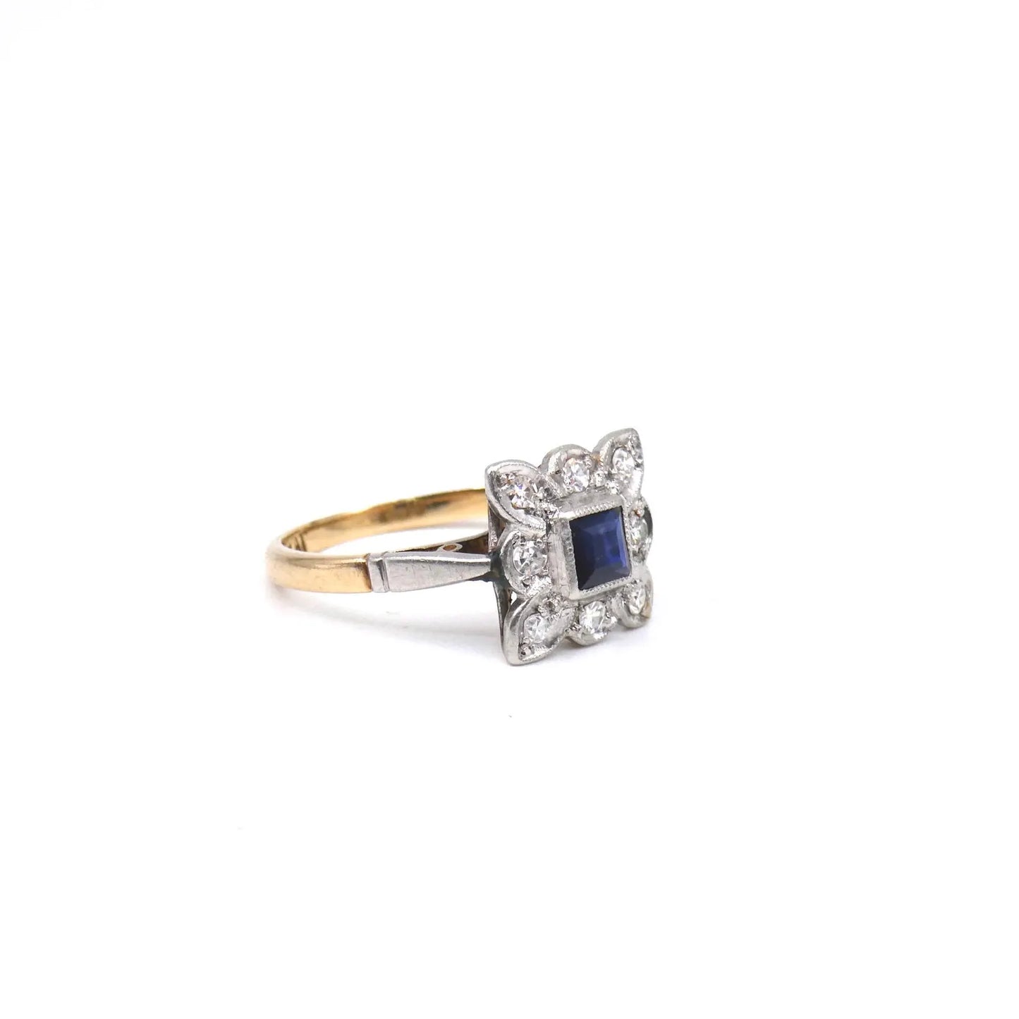 Vintage sapphire diamond ring set in platinum and 18ct gold, an art deco style ring.