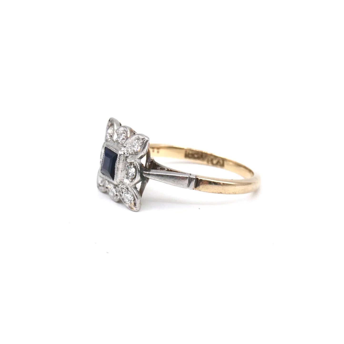 Vintage sapphire diamond ring set in platinum and 18ct gold, an art deco style ring.