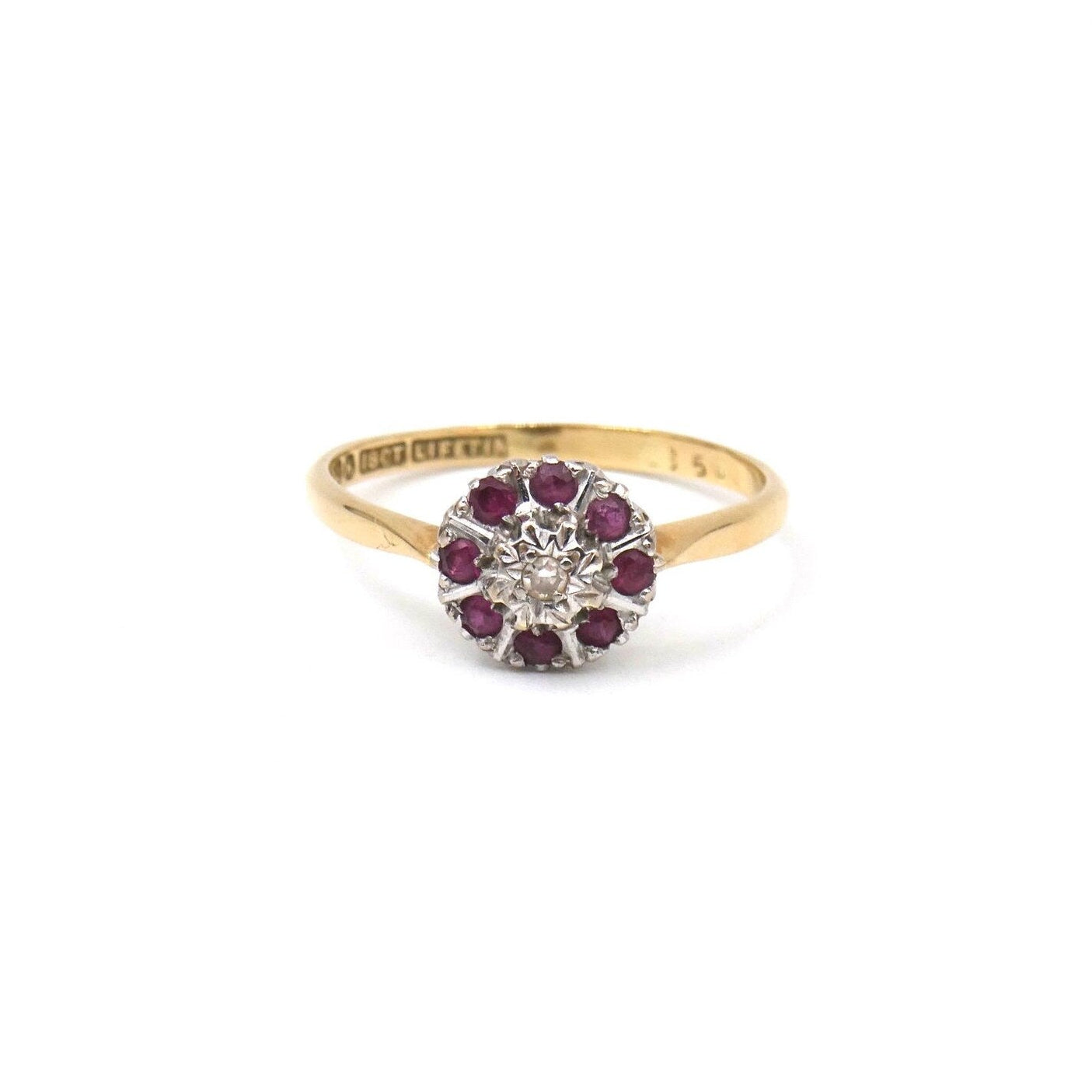 Vintage flower ring, ruby cluster ring in 18kt gold, dainty gold ruby ring,