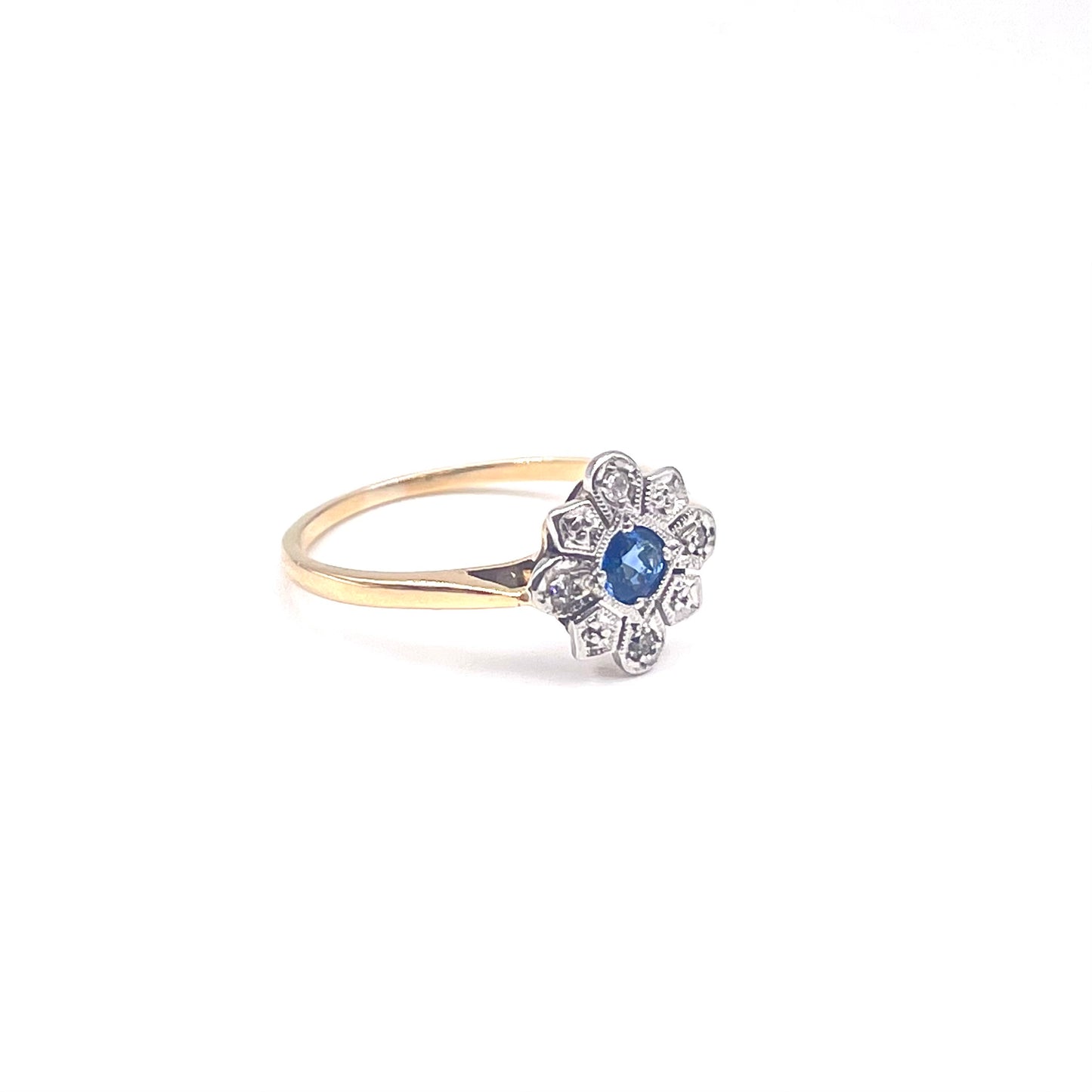 Sapphire diamond geometric flower ring, ring from the early 1900's