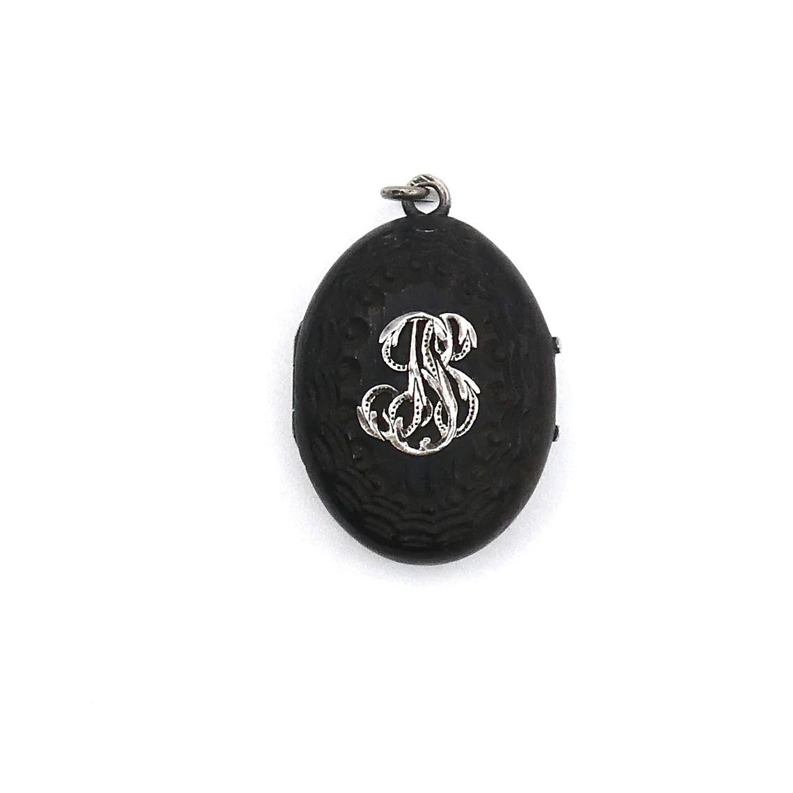 A unique carved black wooden locket with silver fleur de lis and initals in relief. - Collected