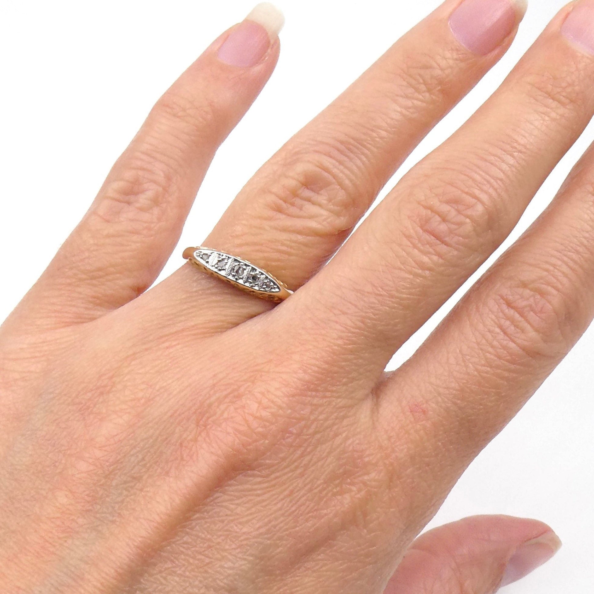 Antique five diamond ring, boat setting diamond ring, ideal stacking ring. - Collected