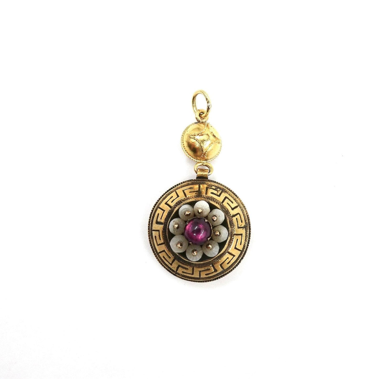 Antique pendant with an Etruscan pattern and a garnet gemstone surrounded by glass beads. - Collected