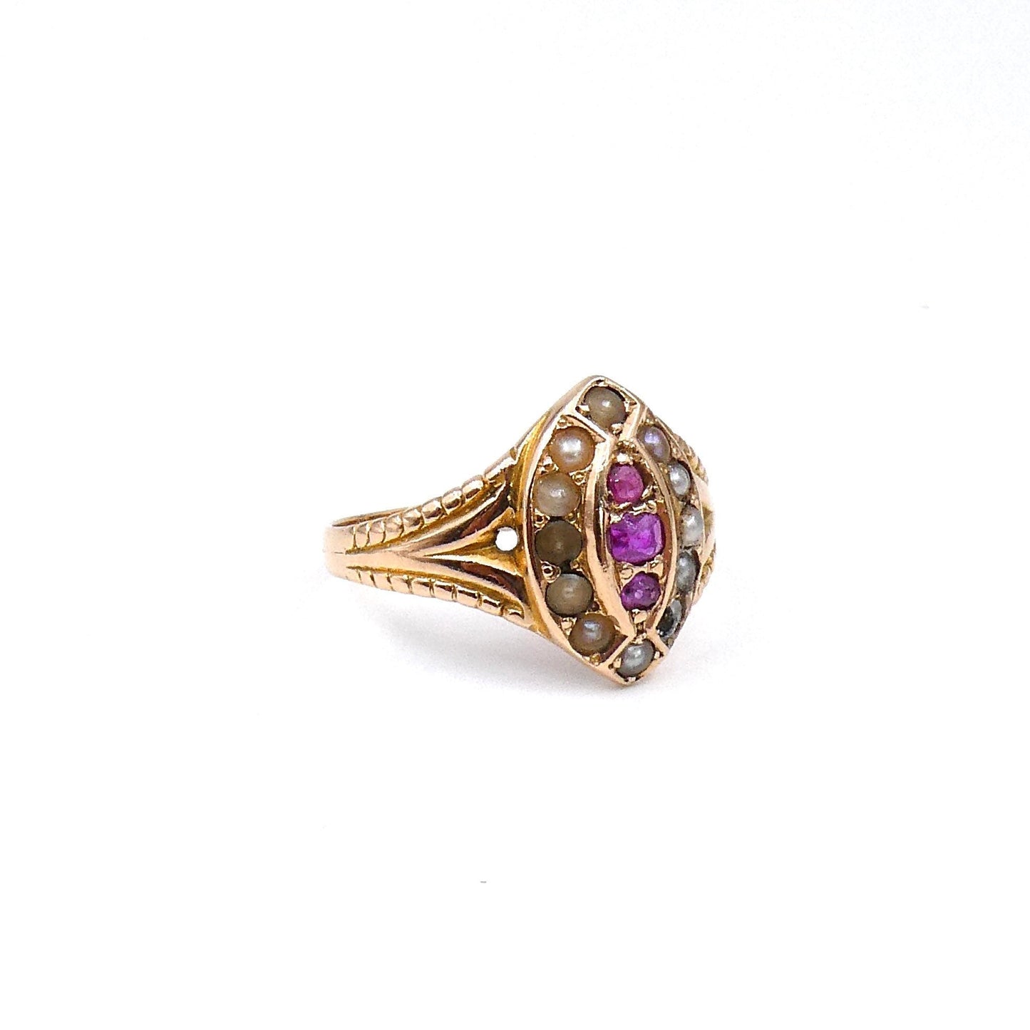 Antique ruby and pearl ring, a navette ring hallmarked 15kt gold - Collected