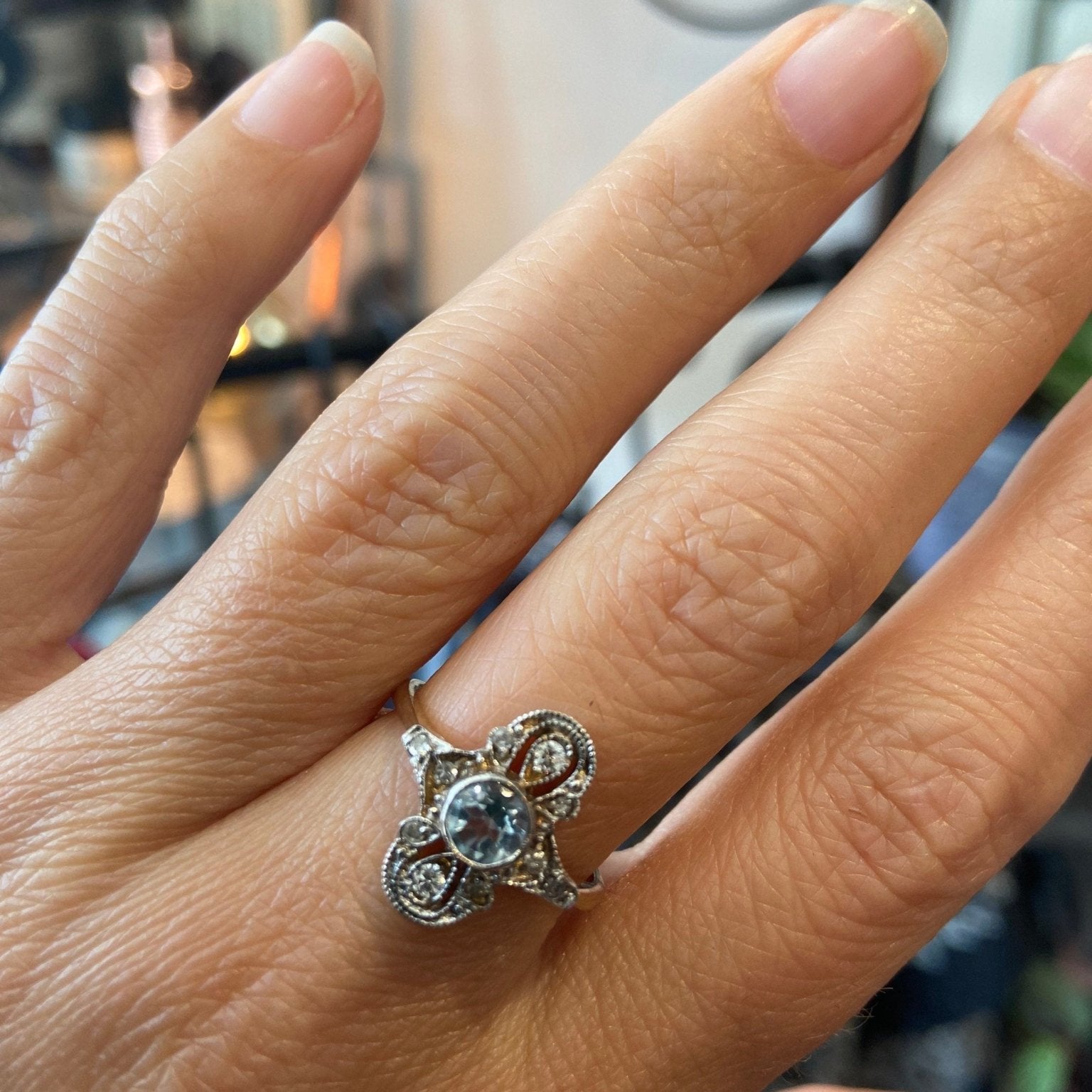 Art Deco style aquamarine ring with diamonds, elegant diamond aquamarine ring. - Collected