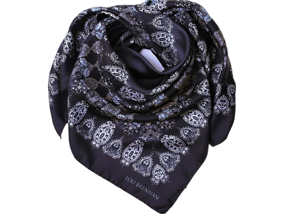 Silk Twill Scarf 'Honora' Black, Slate, Ivory & Old Gold. - Collected