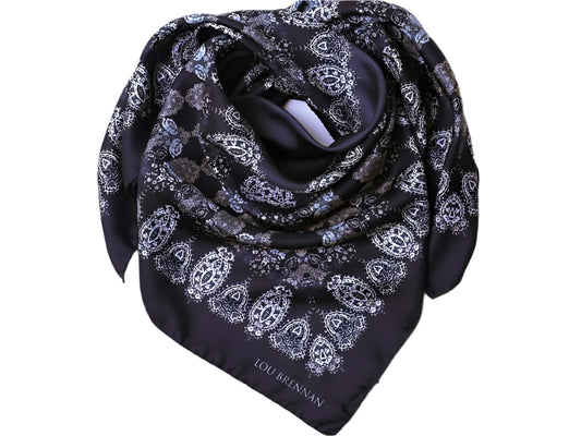 Silk Twill Scarf 'Honora' Black, Slate, Ivory & Old Gold. - Collected