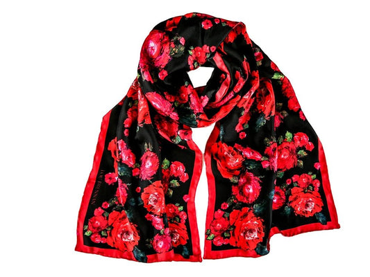 Silk Twill scarf 'Mayo Rose' Red, Green & Black Long - Collected
