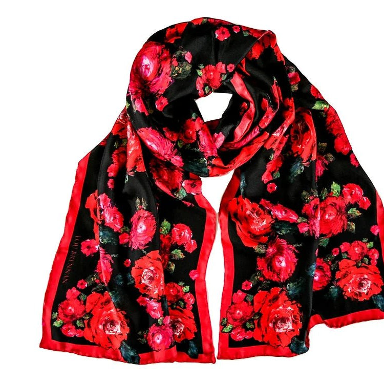Silk Twill scarf 'Mayo Rose' Red, Green & Black Long - Collected