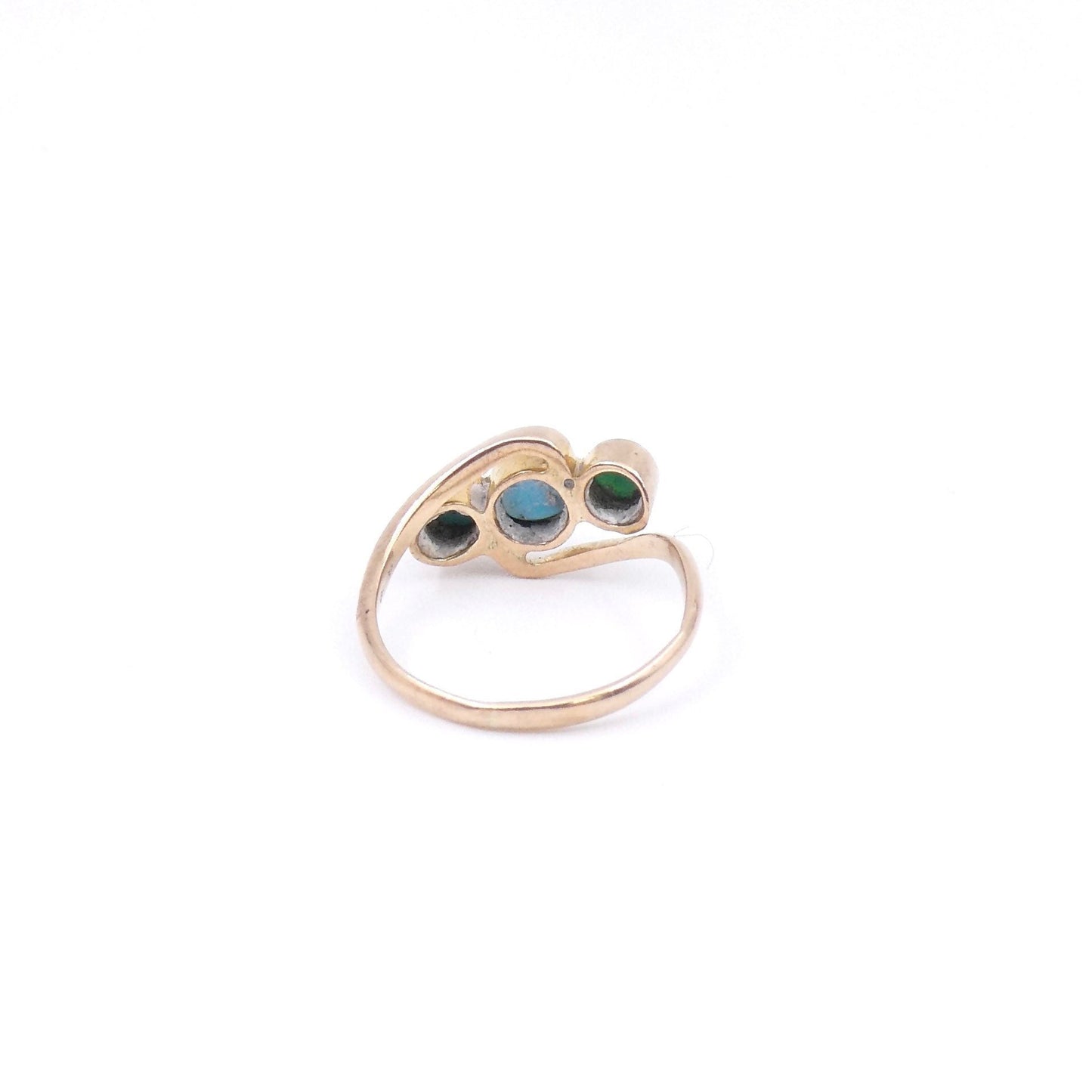 Three stone turquoise ring with a rose tone to the gold and a twist design, very small baby finger ring. - Collected